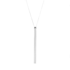Thin silver necklace with silver strands formed into a tassel 