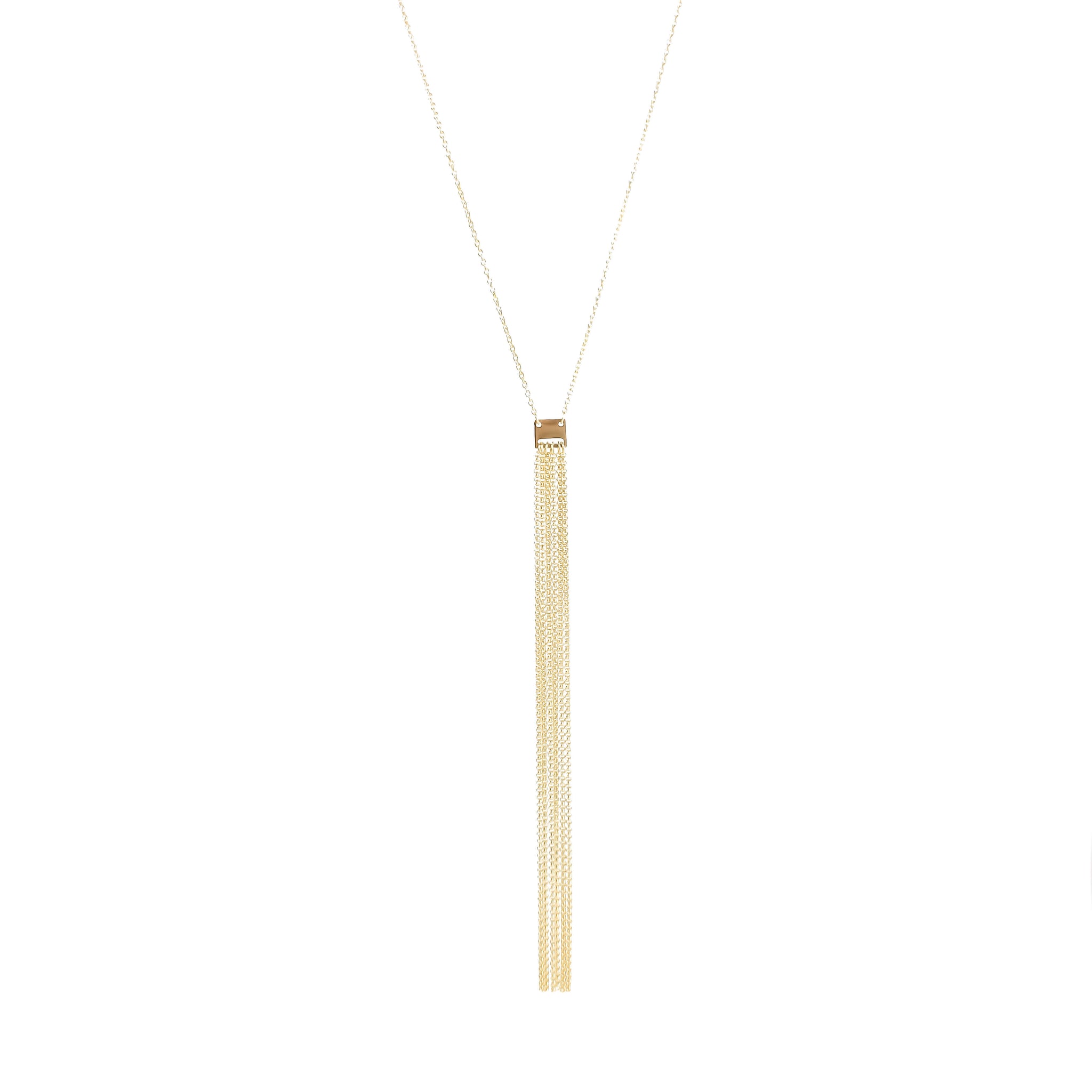 Thin gold necklace with gold strands formed into a tassel 