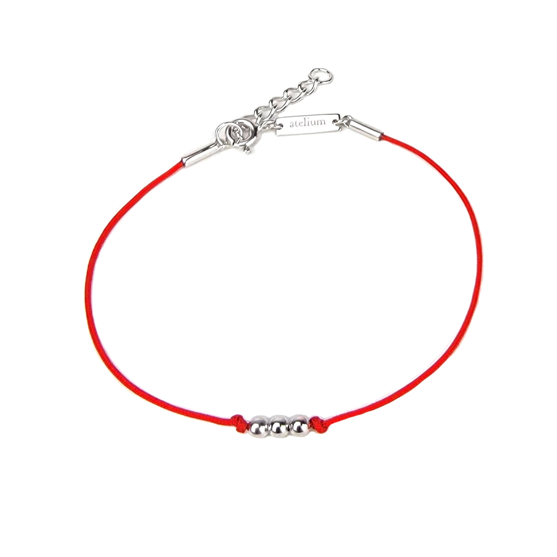 Red string bracelet with 3 silver beads