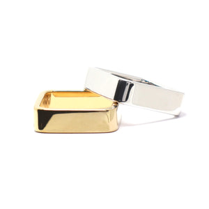 6 mm wide gold and silver ring stacked offset 