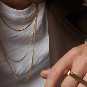 Up close shot of a man's neck wearing a gold necklace and ring