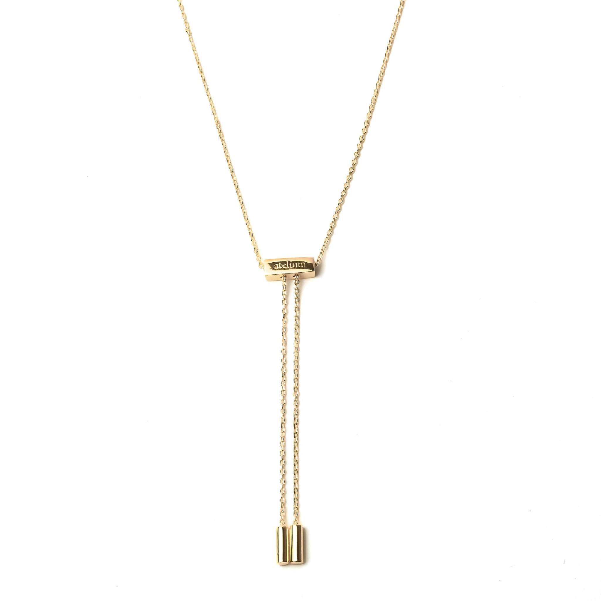 Thin gold chain linked necklace with a pull bar adjustable closure